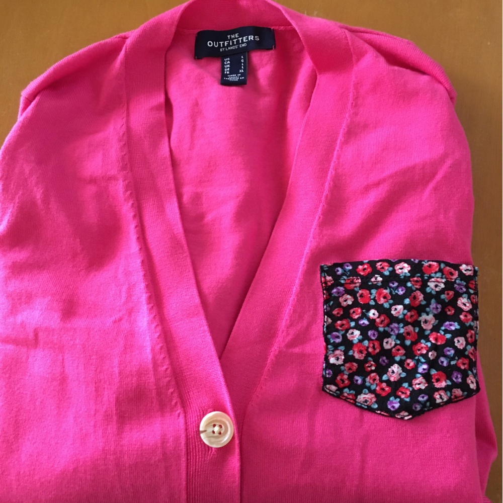 Land’s End Cardigan sweater Size L Hot pink & floral - Picture 2 of 5
